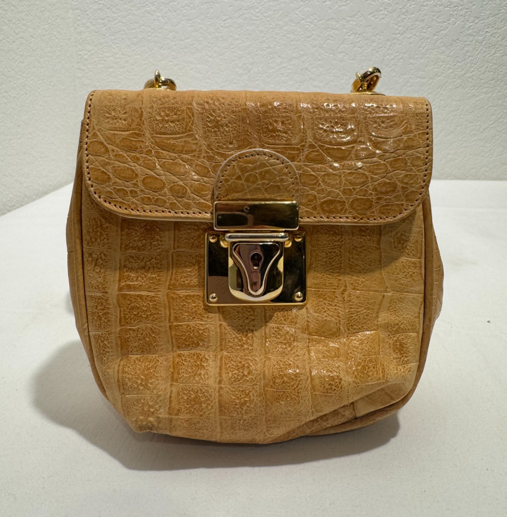 Stefano Bravo Croc Embossed Small Crossbody Purse Italy Leather Yellow Gold Bag